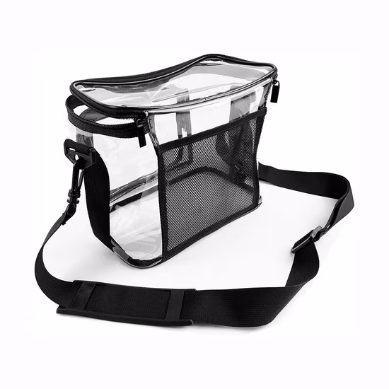Borsa da pranzo trasparente su misura con tasca frontale con cerniera e tracolla regolabile