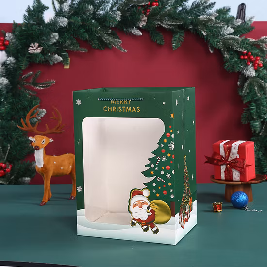 Sacchetto per confezione regalo in carta natalizia personalizzato con finestra trasparente, sacchetto di carta promozionale, sacchetto per la spesa, sacchetto di carta kraft, sacchetto di carta riciclabile con stampa del logo
